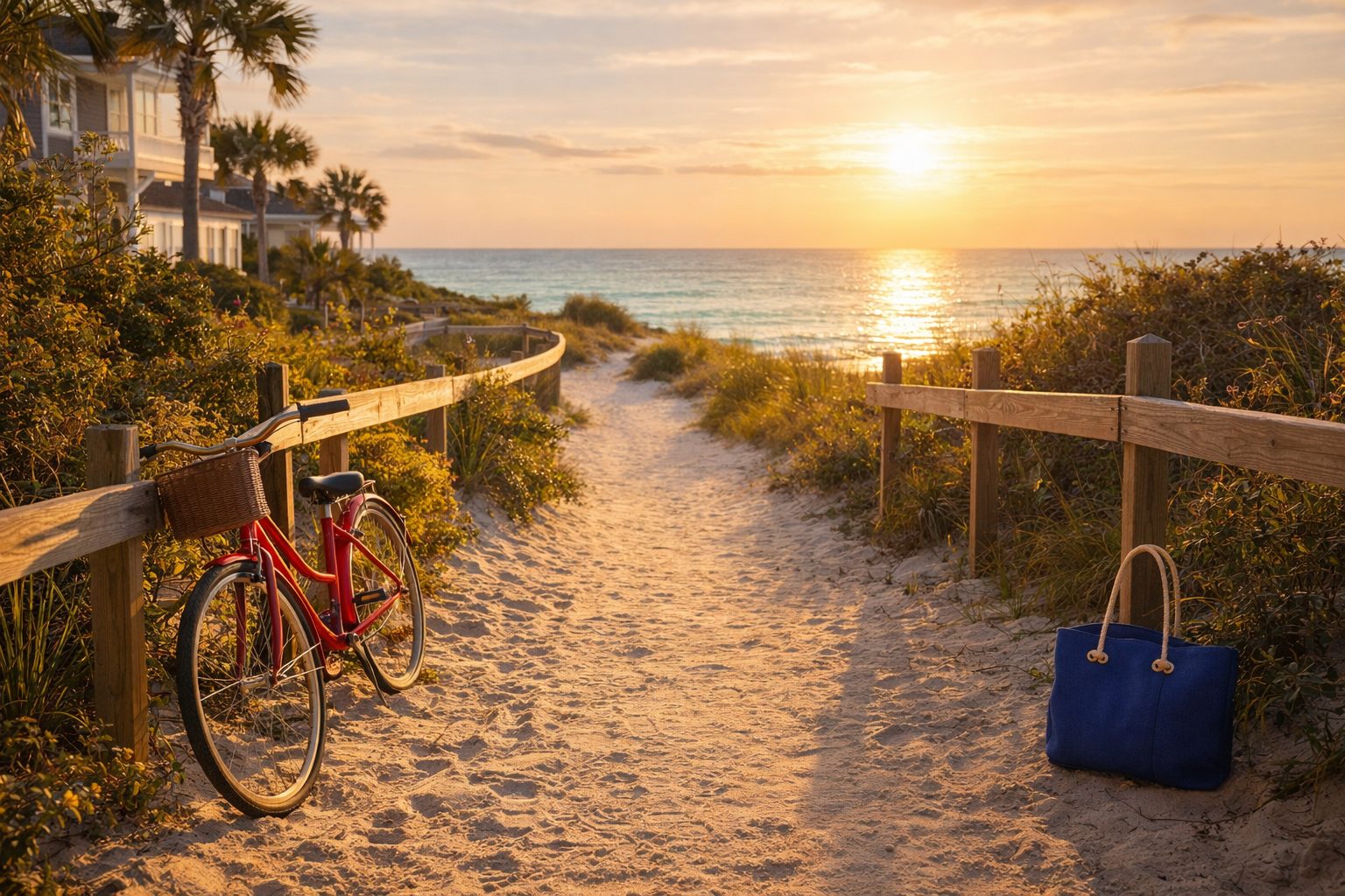 Coastal pathway leading toward the Gulf in 30A Florida with red bicycle accent