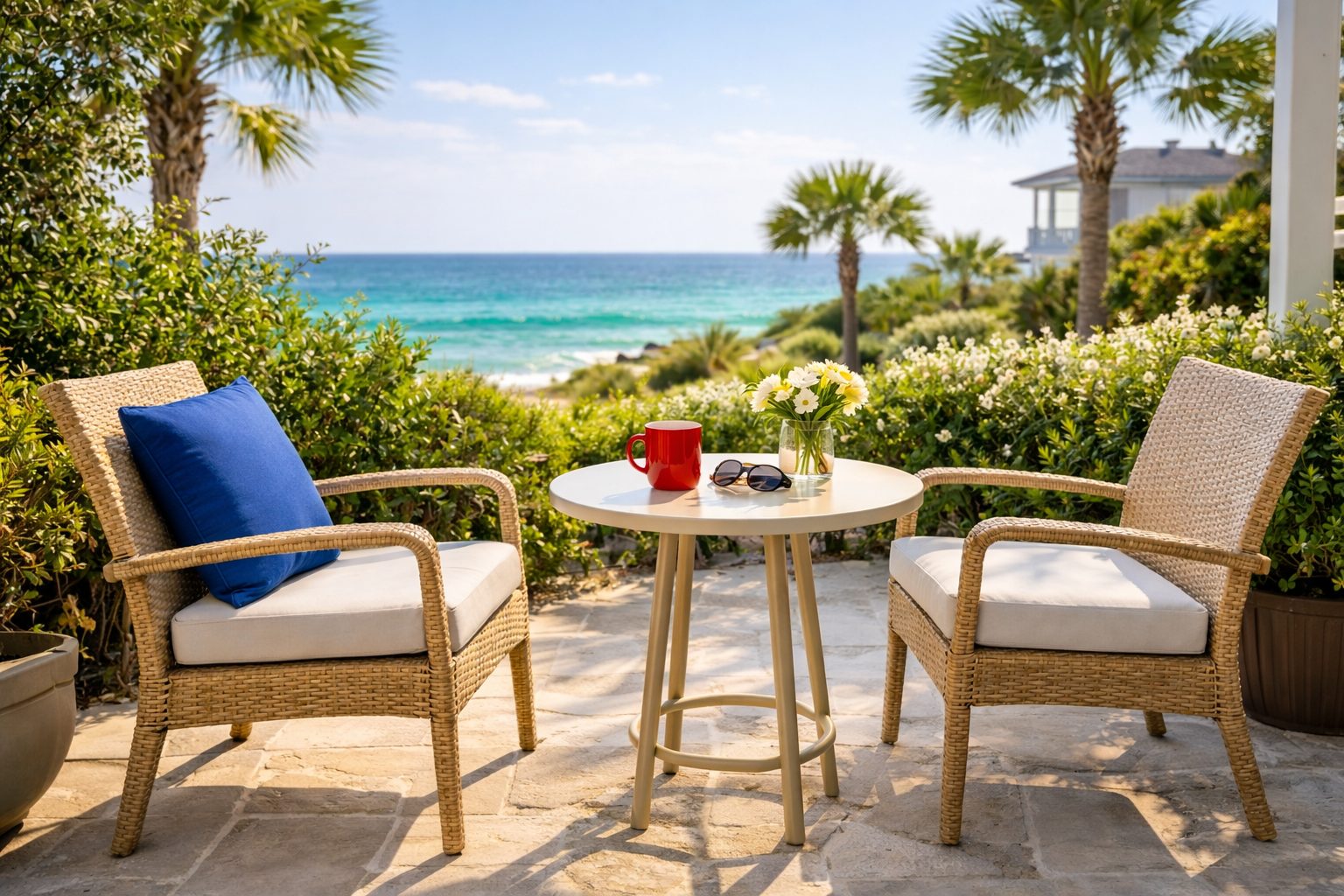 Coastal patio overlooking emerald Gulf waters along 30A Florida
