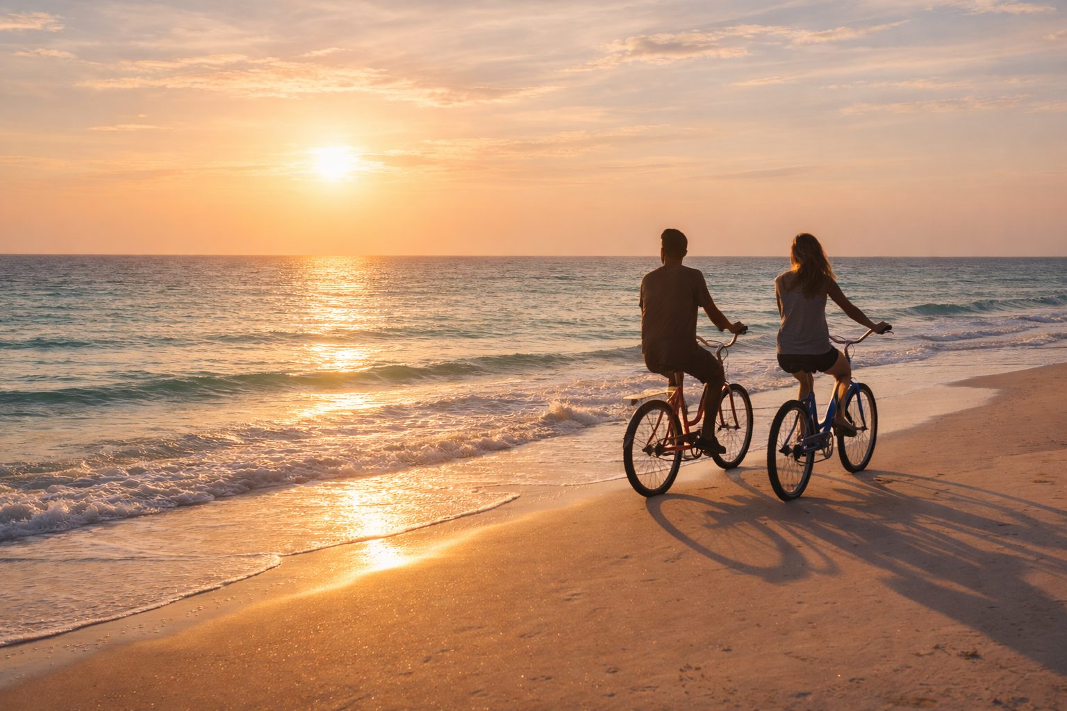Couple riding beach cruiser bicycles along the shoreline at sunset on 30A Florida