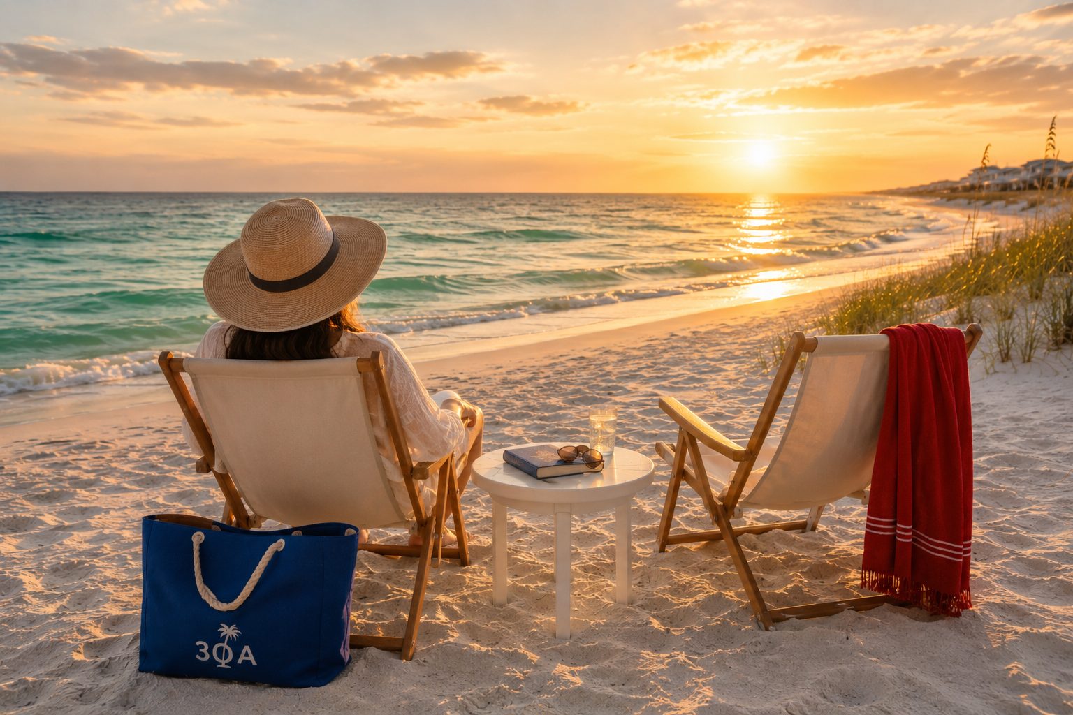 Two beach chairs facing emerald Gulf waters along 30A Florida