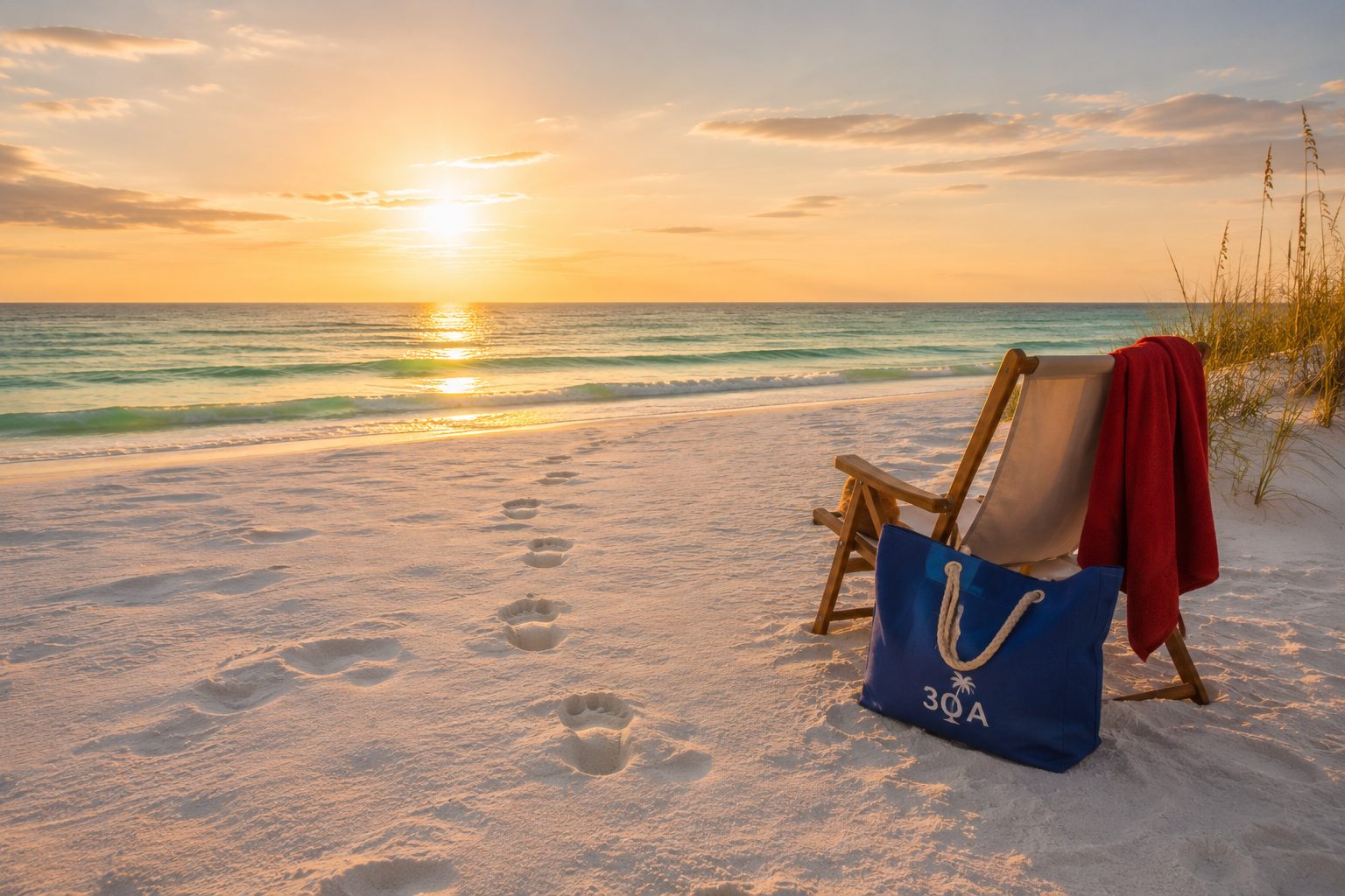Footprints leading toward emerald Gulf waters along 30A Florida