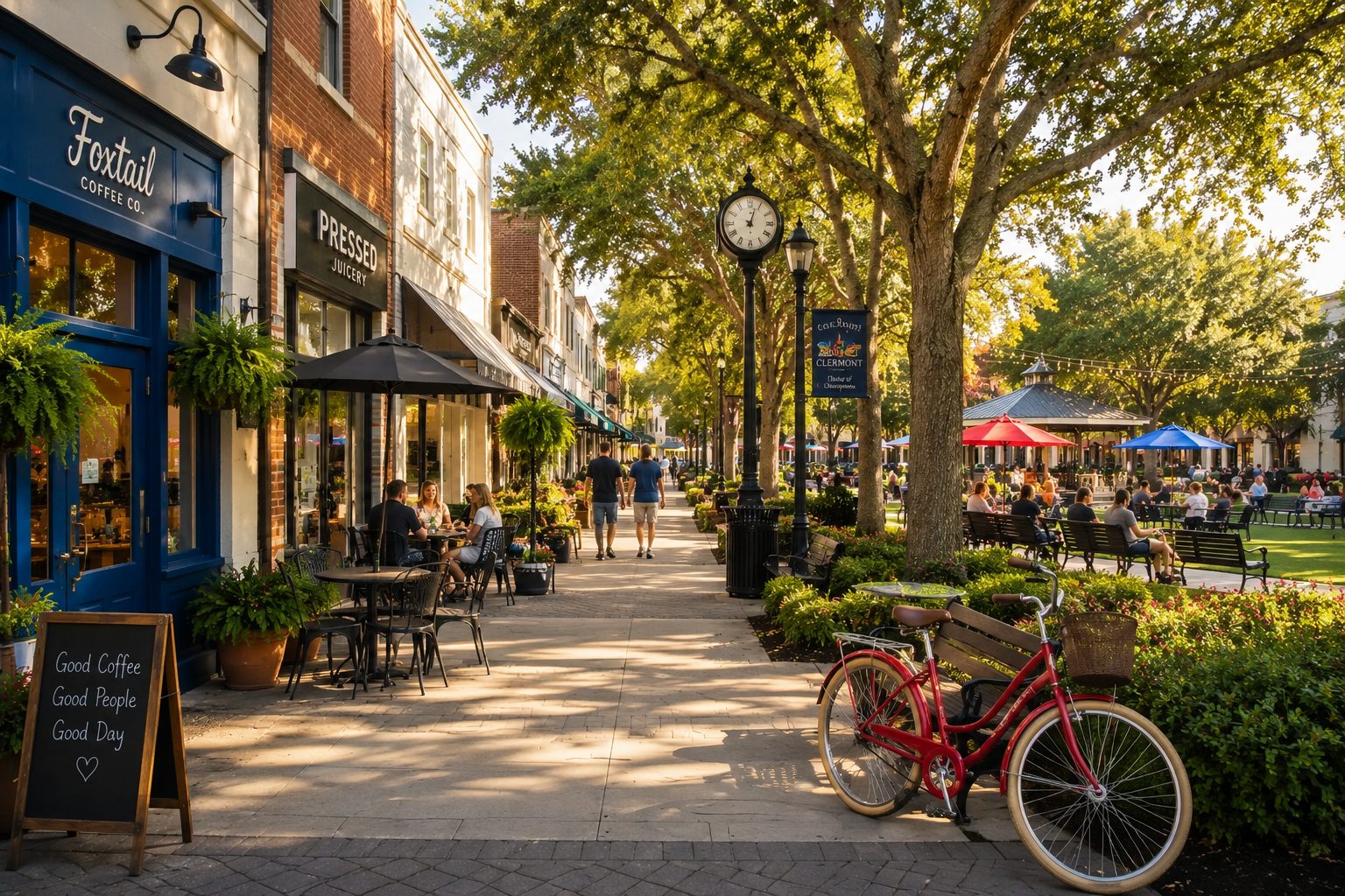 Walkable Central Florida town center with shops, cafés, and community gathering spaces