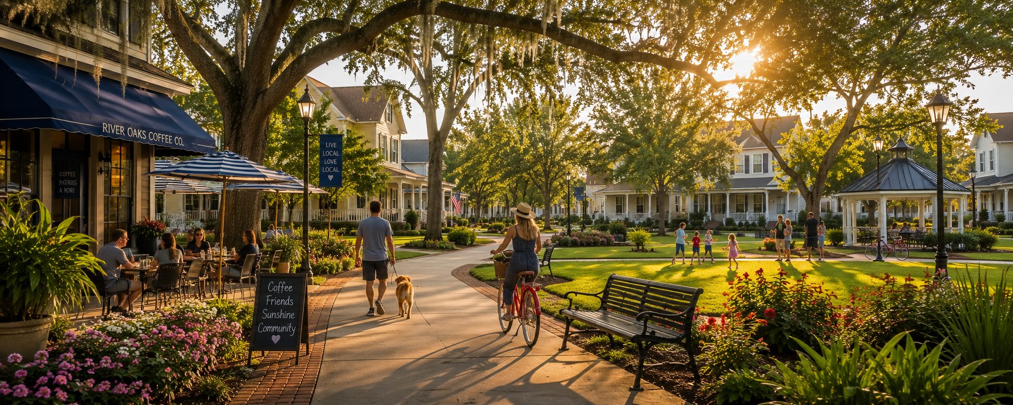 Walkable Central Florida neighborhood with park, café, and tree-lined streets