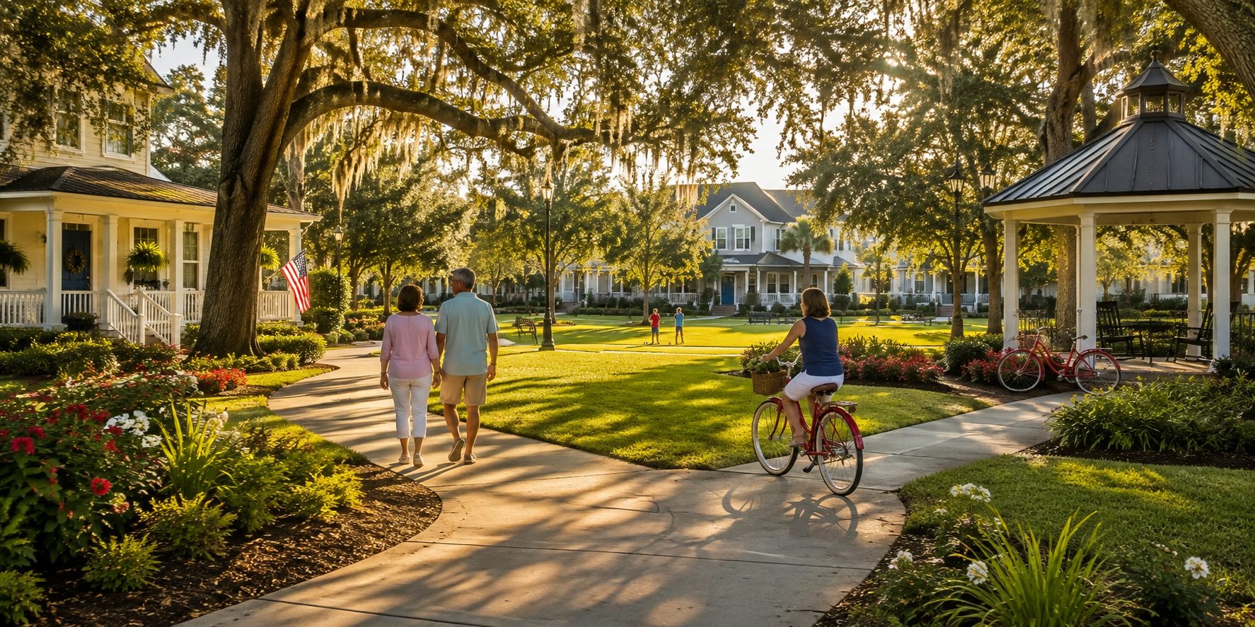 Residents enjoying a welcoming Florida neighborhood park during late afternoon