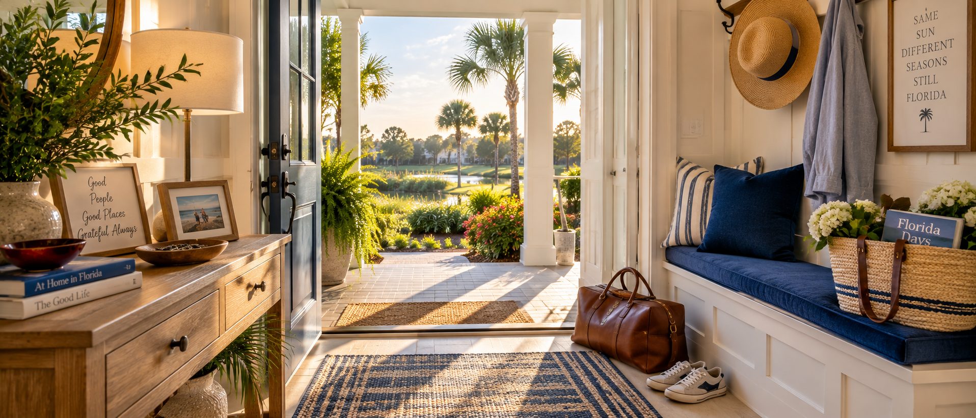 Welcoming Florida home entry prepared for an extended seasonal stay