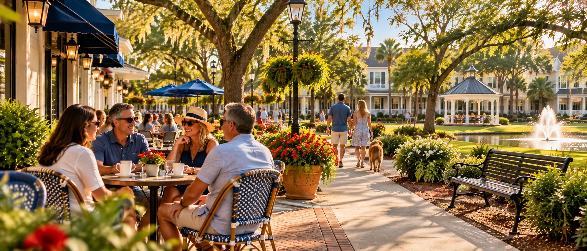 Friends enjoying conversation at an outdoor café beside a landscaped Florida neighborhood green